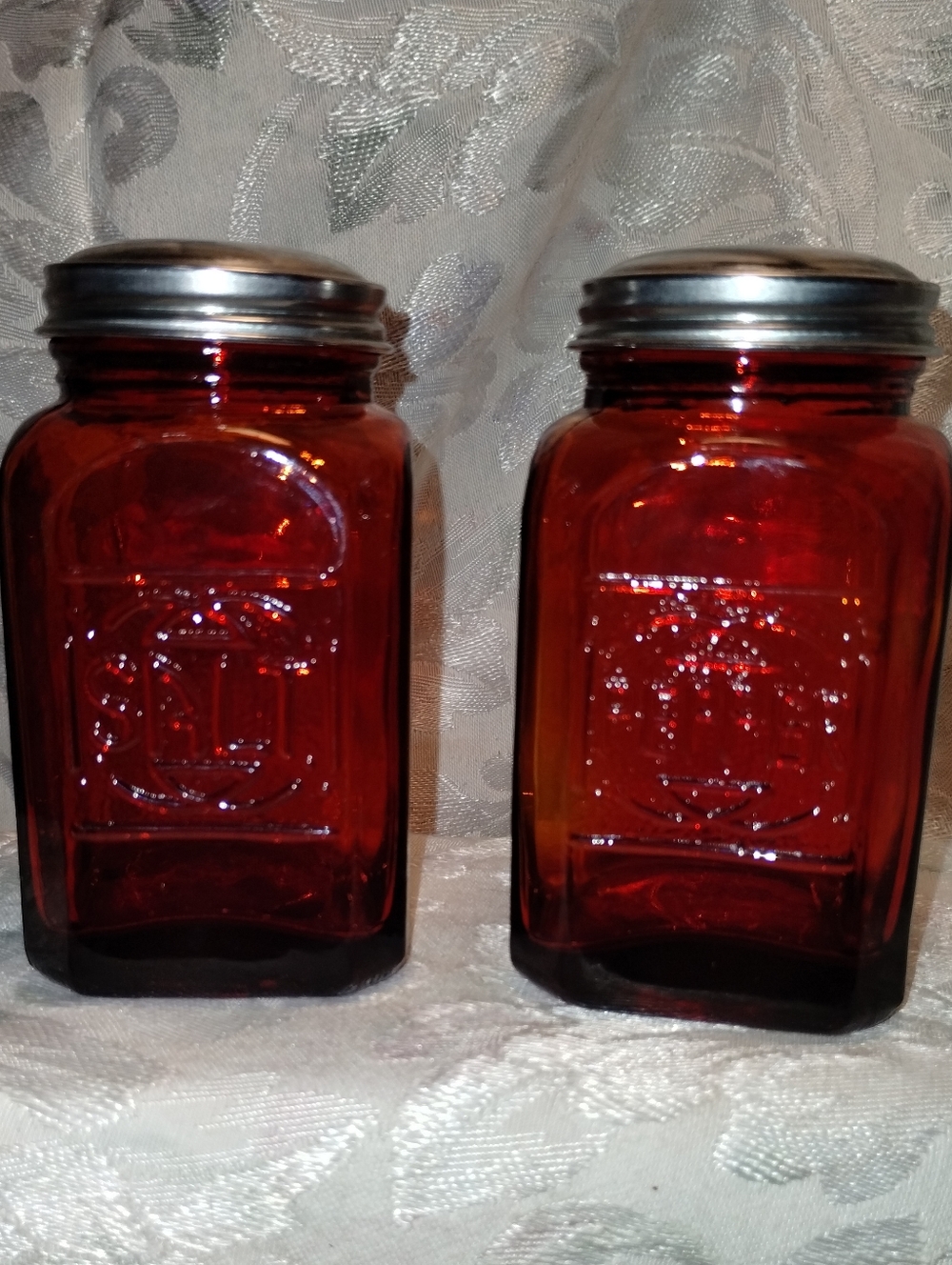 Vintage Amber Red Glass Spice Jars with Metal Lids (Pair)